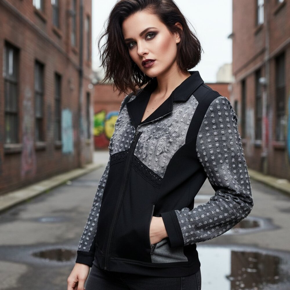 Adam Jacobs M Jacket Black Mixed Media Zip Edgy Artsy‎ Eclectic Grunge Festival